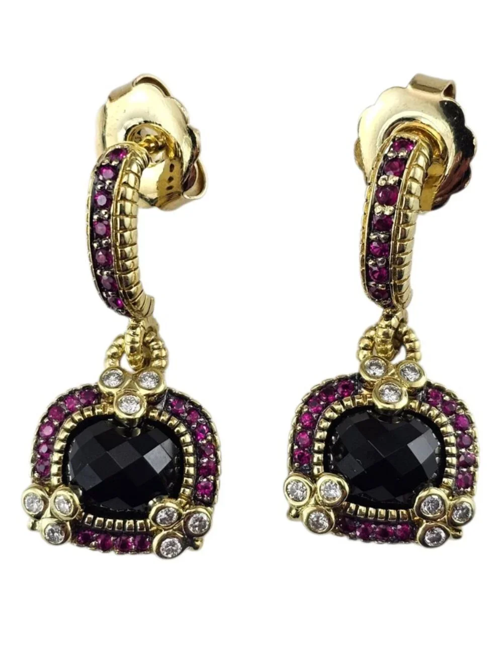 Judith Ripka 18K Gold Black and Red Stones Diamond Dangle Earrings #25487